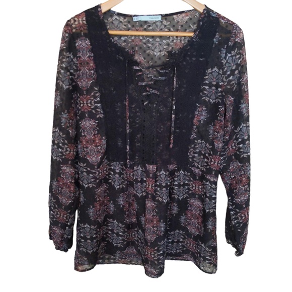 Black Floral Lace up Boho Tunic Top with lace up front - Picture 5 of 14